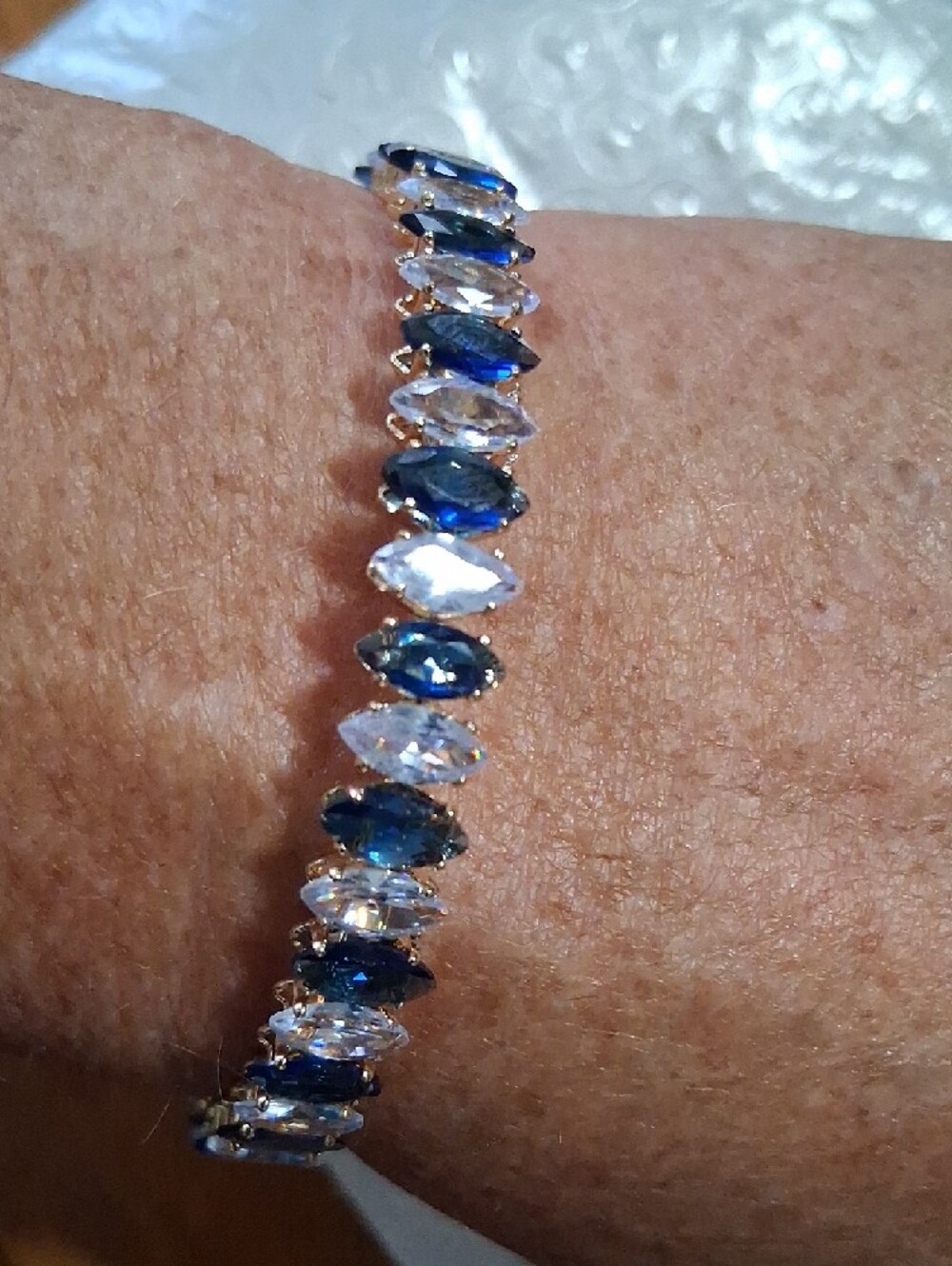 Gold Tennis Bracelet with Dark Blue and Clear Stones. BANGLE.UP TO 8.NWT - Picture 3 of 4